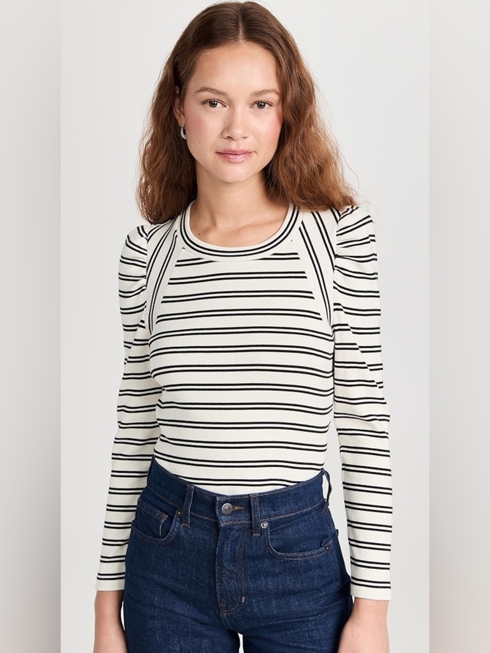 Veronica Beard Delano Striped Pima Cotton Puff Shoulder Top Size S